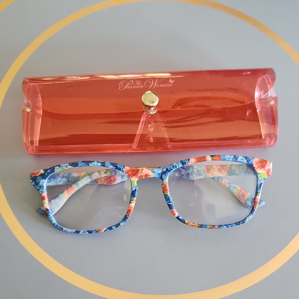 Pioneer Women Colorful Floral Glasses with Case Blue Lighs Protectio